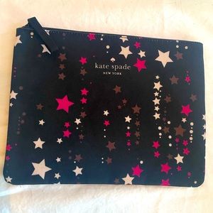 NWT Kate Spade Large Canvas All-Purpose Cosmetic Bag, Black w Pink/White Stars